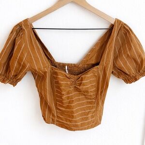 Free People Brown Striped Puff Sleeve Crop Top Medium
